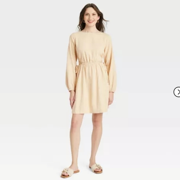 Universal Thread Balloon Long Sleeve Mini A Line Dress XS Tan Side Cut Out Linen - Picture 1 of 7